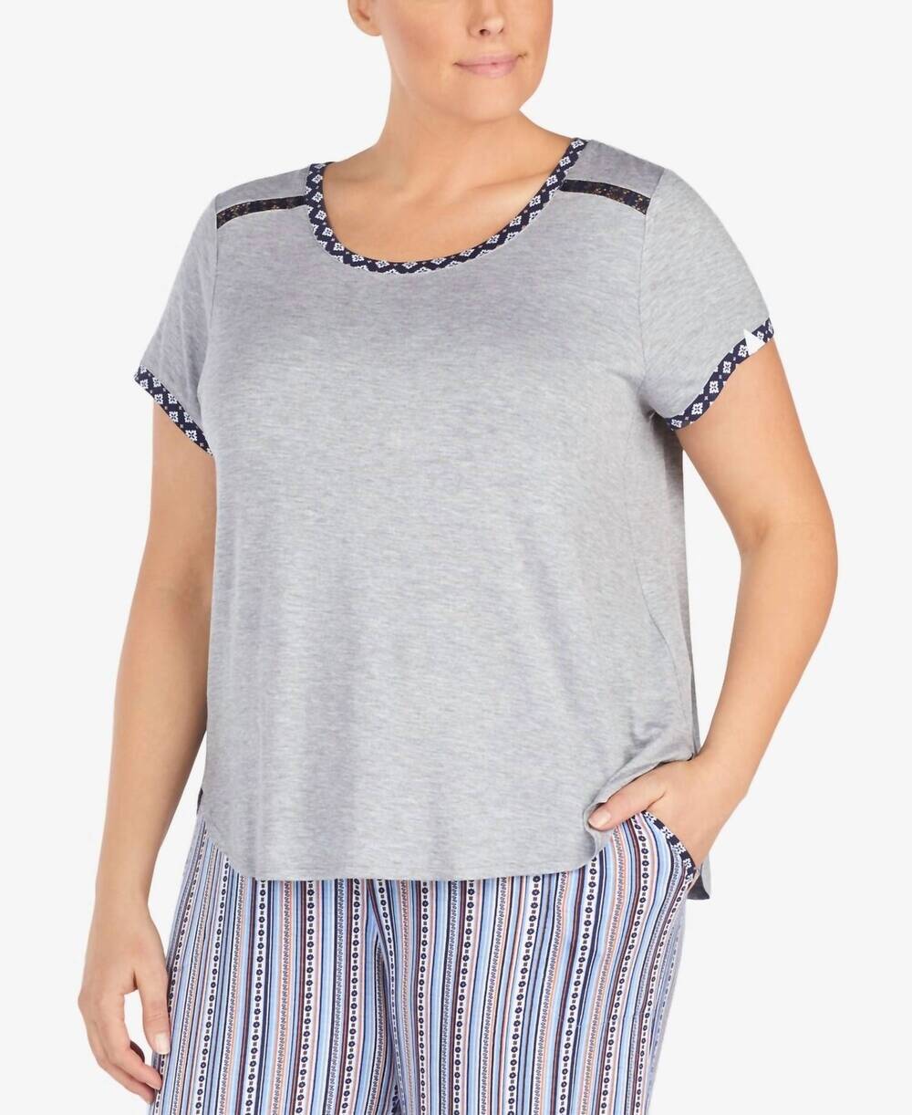 NEW LAYLA women's sleepwear plus size contrast trim lace pajama top in gray heat